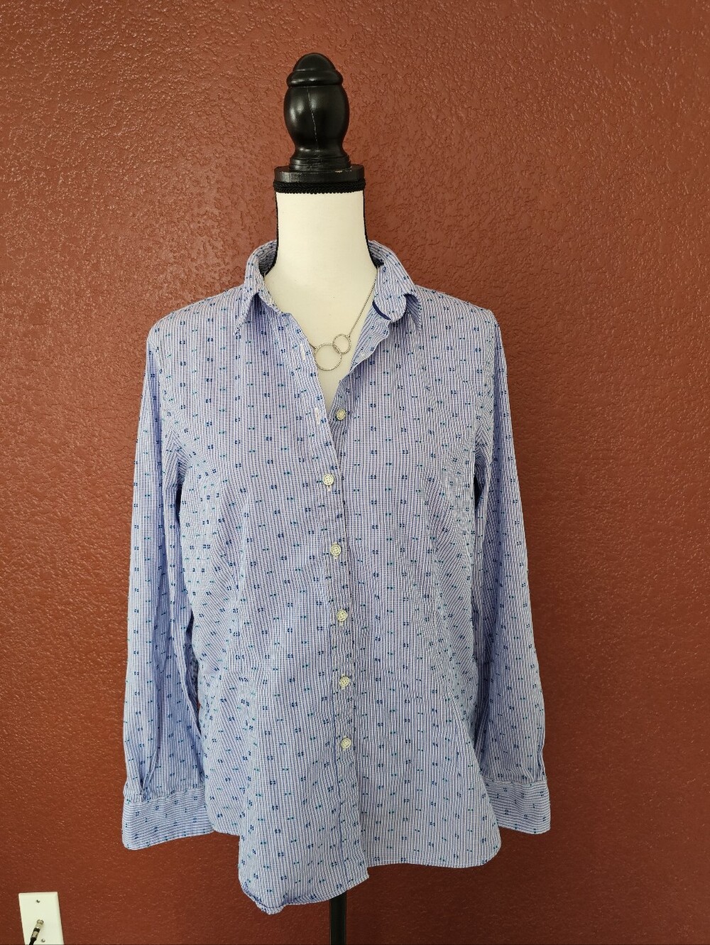 Brooks Brothers Blue Plaid Button-Up Shirt with Tiny Teal Dots